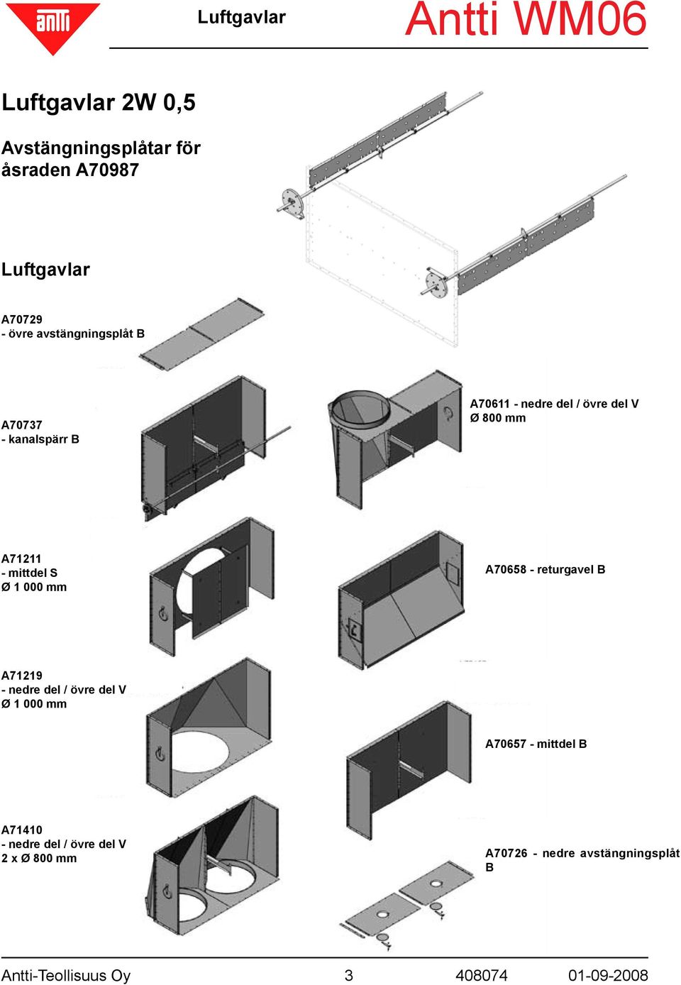 mittdel S Ø 000 mm A0 - returgavel B A - nedre del / övre del V Ø 000 mm A0 -