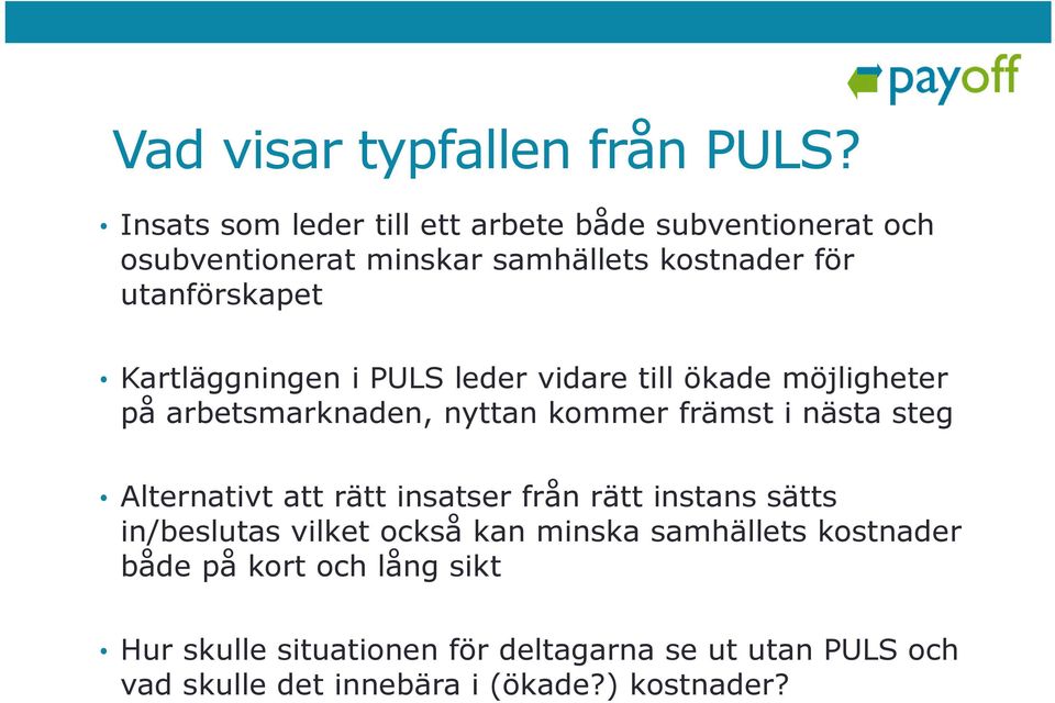 Kartläggningen i PULS leder vidare till ökade möjligheter på arbetsmarknaden, nyttan kommer främst i nästa steg Alternativt