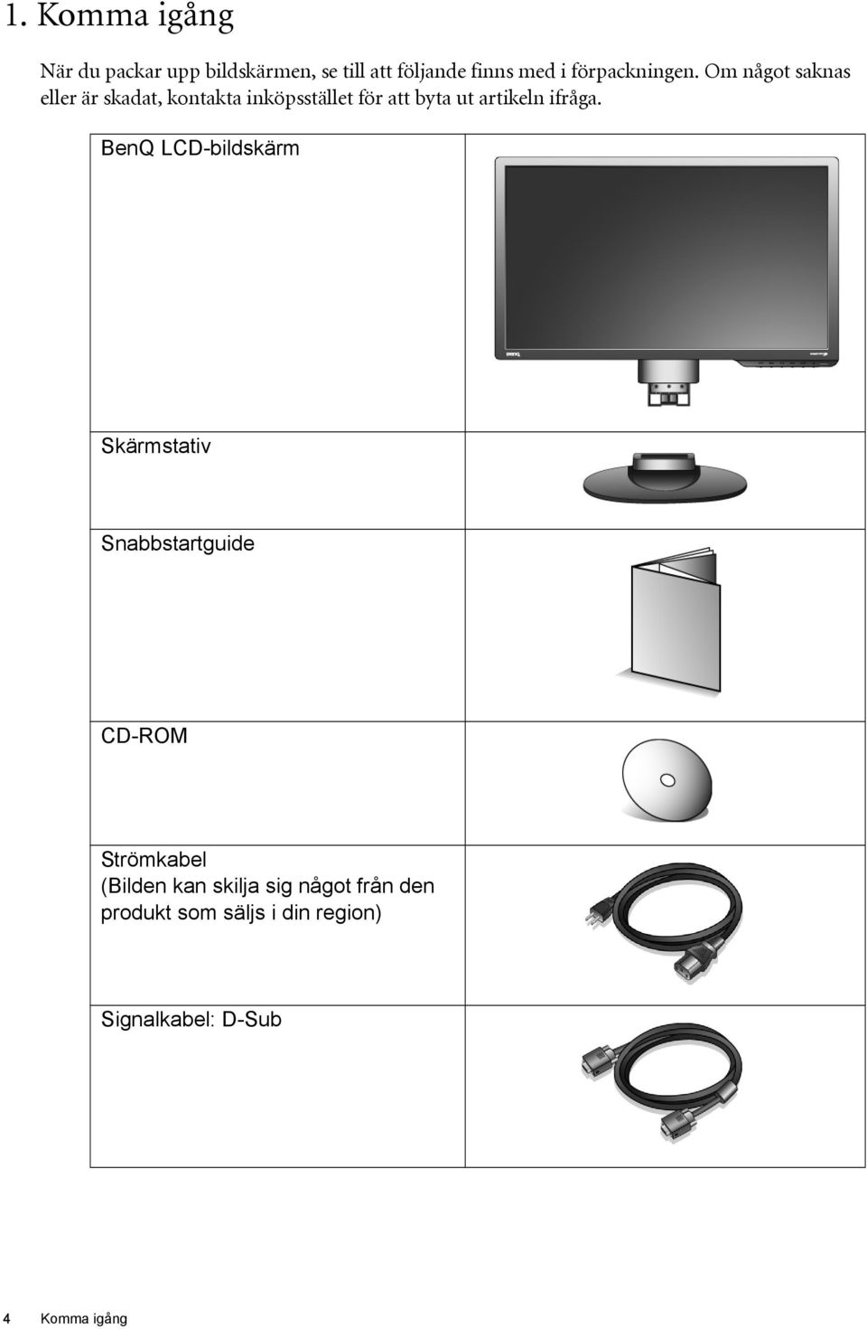 Om något saknas eller är skadat, kontakta inköpsstället för att byta ut artikeln ifråga.