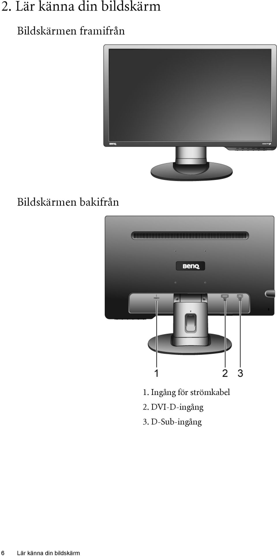 bakifrån 1. Ingång för strömkabel 2.