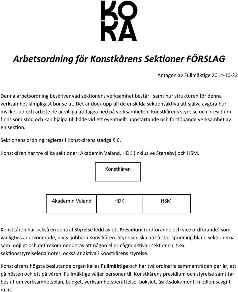 Konstkårens styrelse och presidium finns som stöd och kan hjälpa till både vid ett eventuellt uppstartande och fortlöpande verksamhet av en sektion. Sektionens ordning regleras i Konstkårens stadga 6.