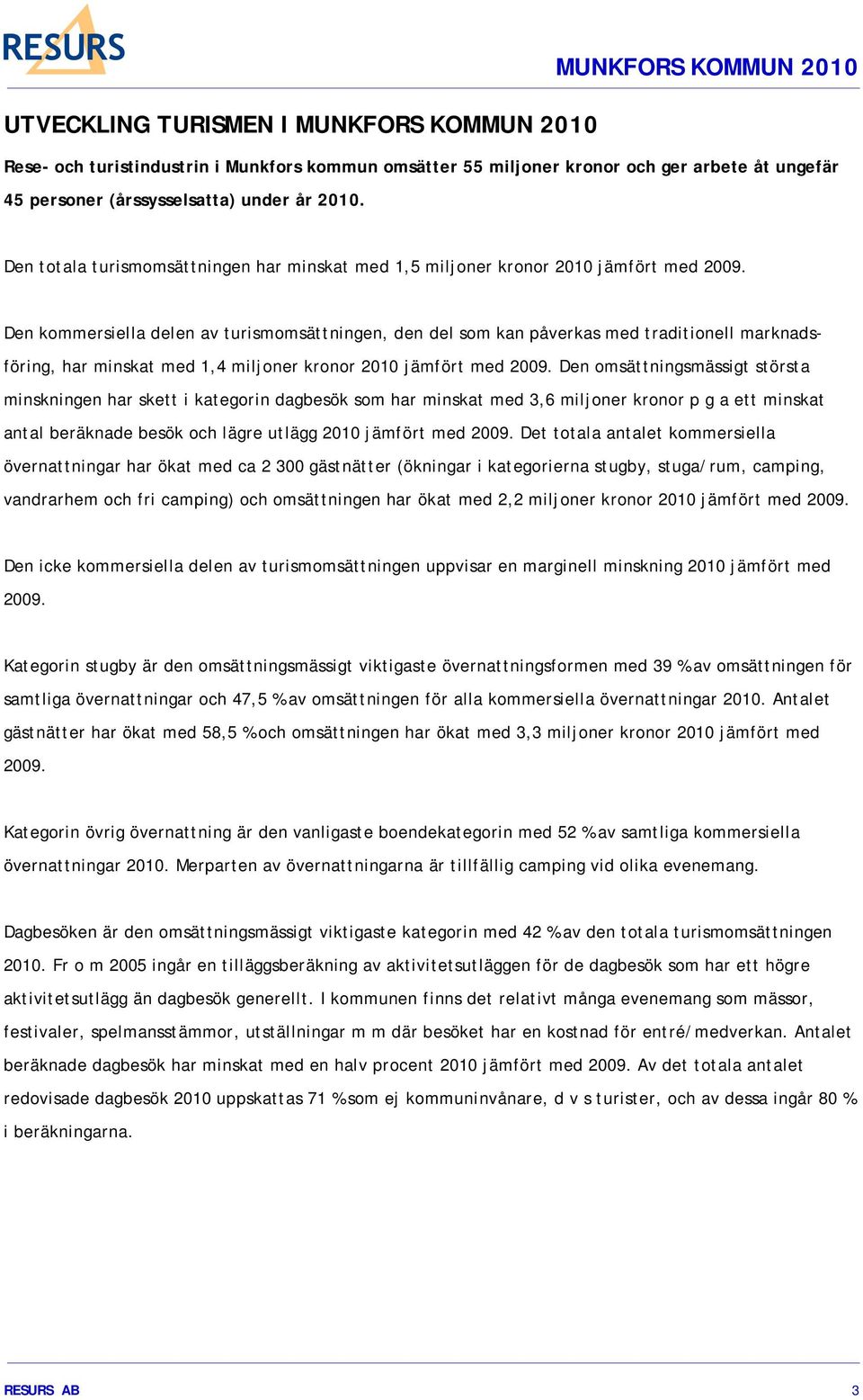 Den kommersiella delen av turismomsättningen, den del som kan påverkas med traditionell marknadsföring, har minskat med 1,4 miljoner kronor 2010 jämfört med 2009.