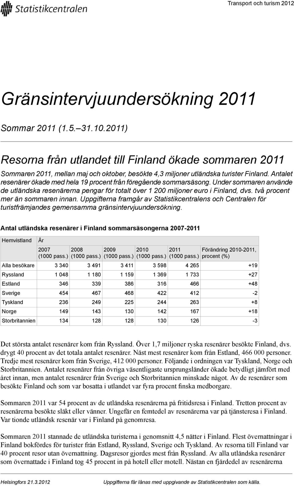 procent mer än sommaren innan Uppgifterna framgår av Statistikcentralens och Centralen för turistfrämjandes gemensamma gränsintervjuundersökning Antal utländska resenärer i Finland sommarsäsongerna