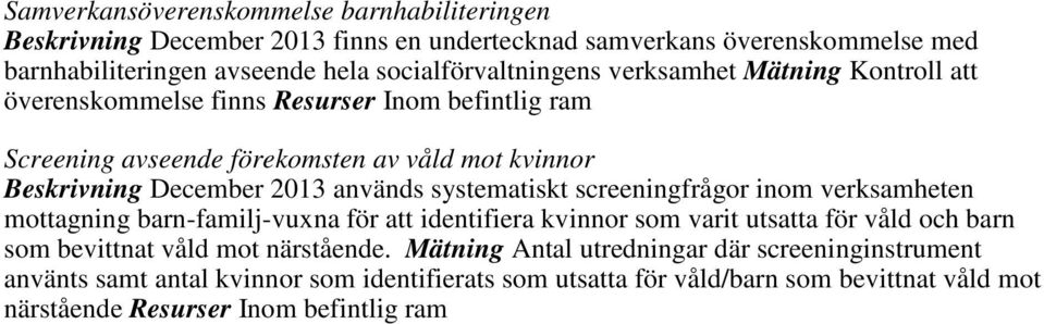 2013 används systematiskt screeningfrågor inom verksamheten mottagning barn-familj-vuxna för att identifiera kvinnor som varit utsatta för våld och barn som bevittnat våld mot