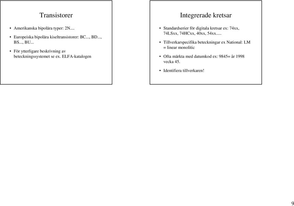 ELFA-katalogen Integrerade kretsar Standardserier för digitala kretsar ex: 74xx, 74LSxx, 74HCxx, 40xx, 54xx.