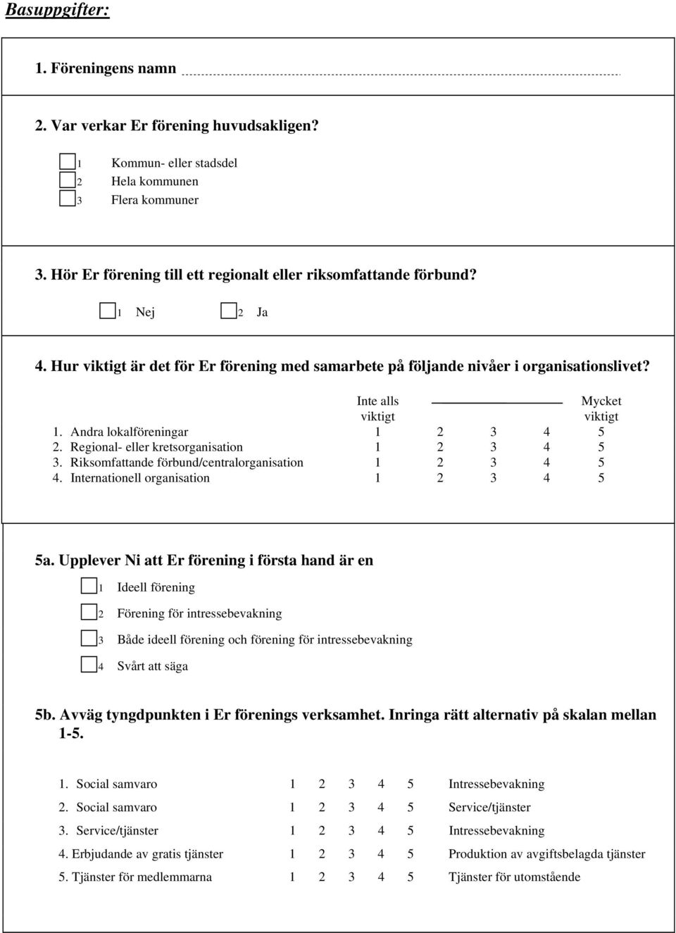 Regional- eller kretsorganisation 3 4 5 3. Riksomfattande förbund/centralorganisation 3 4 5 4. Internationell organisation 3 4 5 5a.