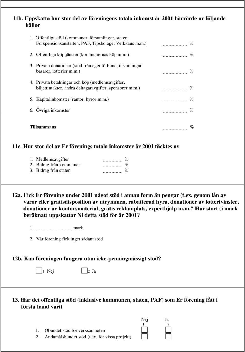 Privata betalningar och köp (medlemsavgifter, biljettintäkter, andra deltagaravgifter, sponsorer m.m.) % 5. Kapitalinkomster (räntor, hyror m.m.) % 6. Övriga inkomster % Tillsammans % 11c.
