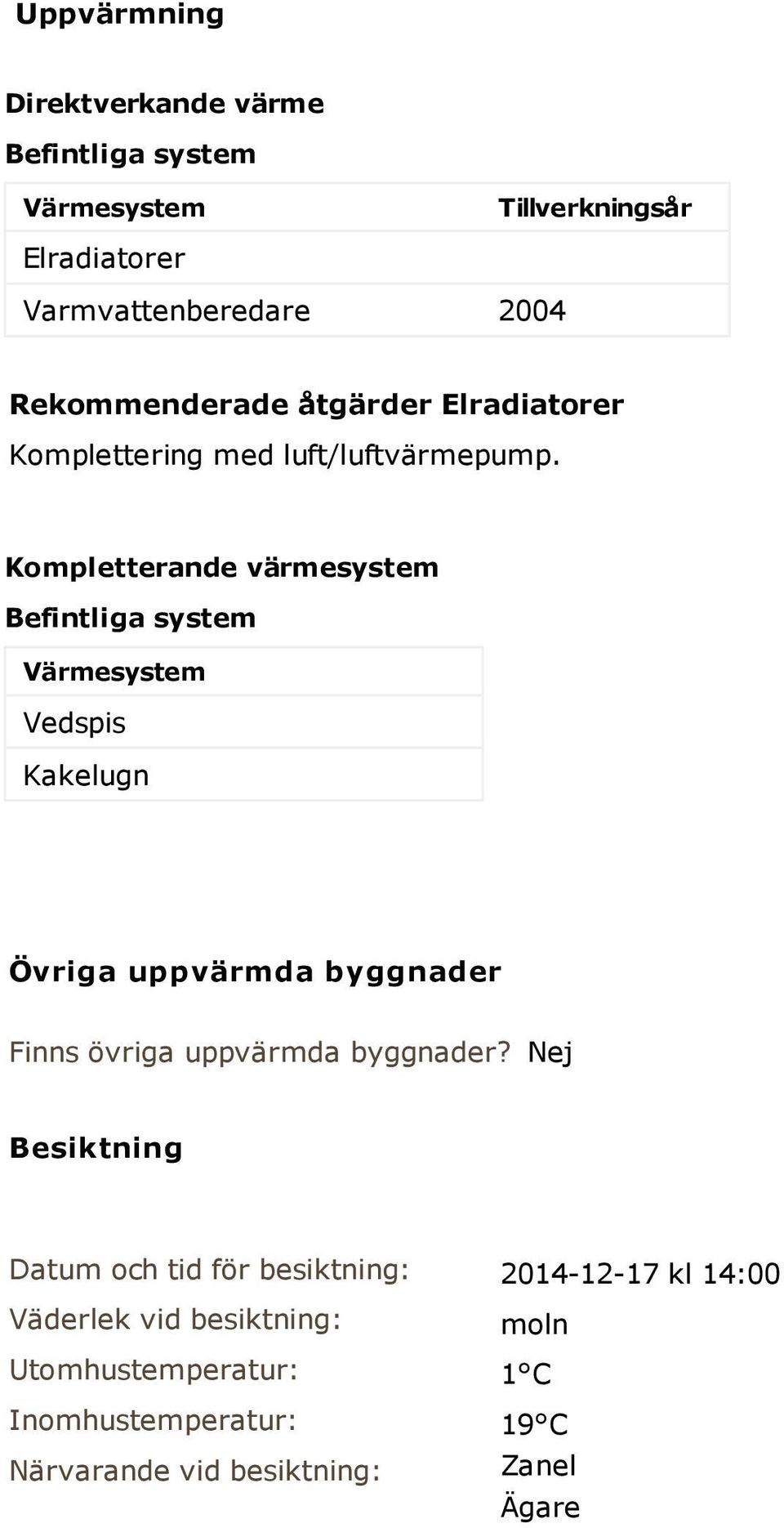 Kompletterande värmesystem Befintliga system Värmesystem Vedspis Kakelugn Övriga uppvärmda byggnader Finns övriga uppvärmda