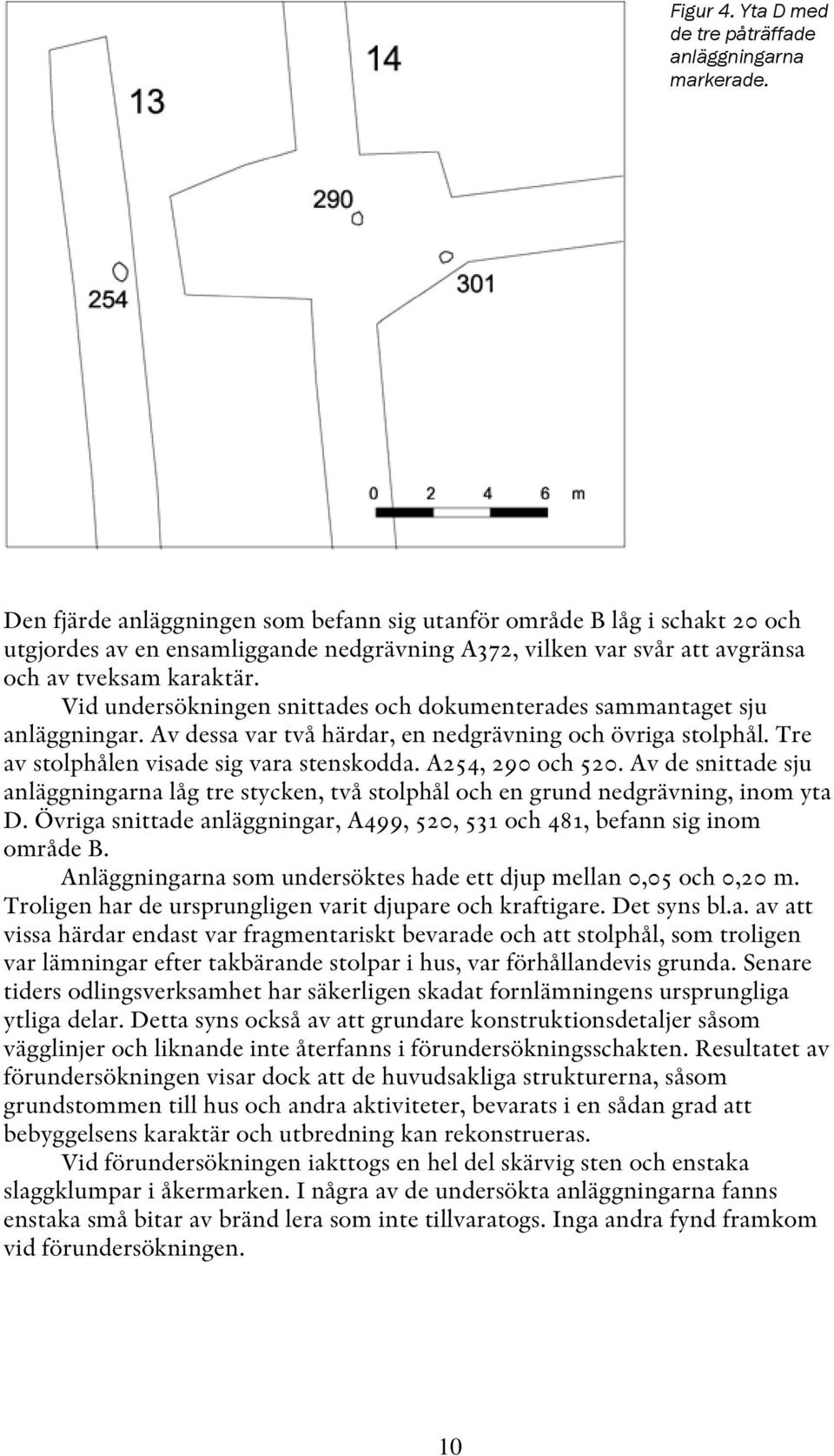 Vid undersökningen snittades och dokumenterades sammantaget sju anläggningar. Av dessa var två härdar, en nedgrävning och övriga stolphål. Tre av stolphålen visade sig vara stenskodda.