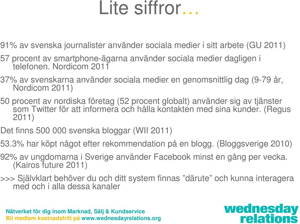 Twitter för att informera och hålla kontakten med sina kunder. (Regus 2011) Det finns 500 000 svenska bloggar (WII 2011) 53.3% har köpt något efter rekommendation på en blogg.