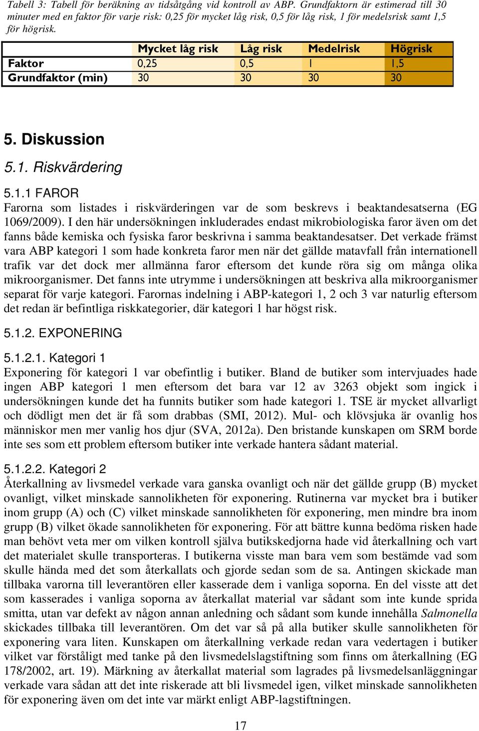Riskklass Mycket låg risk Låg risk Medelrisk Högrisk Faktor 0,25 0,5 1 1,5 Grundfaktor (min) 30 30 30 30 5. Diskussion 5.1. Riskvärdering 5.1.1 FAROR Farorna som listades i riskvärderingen var de som beskrevs i beaktandesatserna (EG 1069/2009).