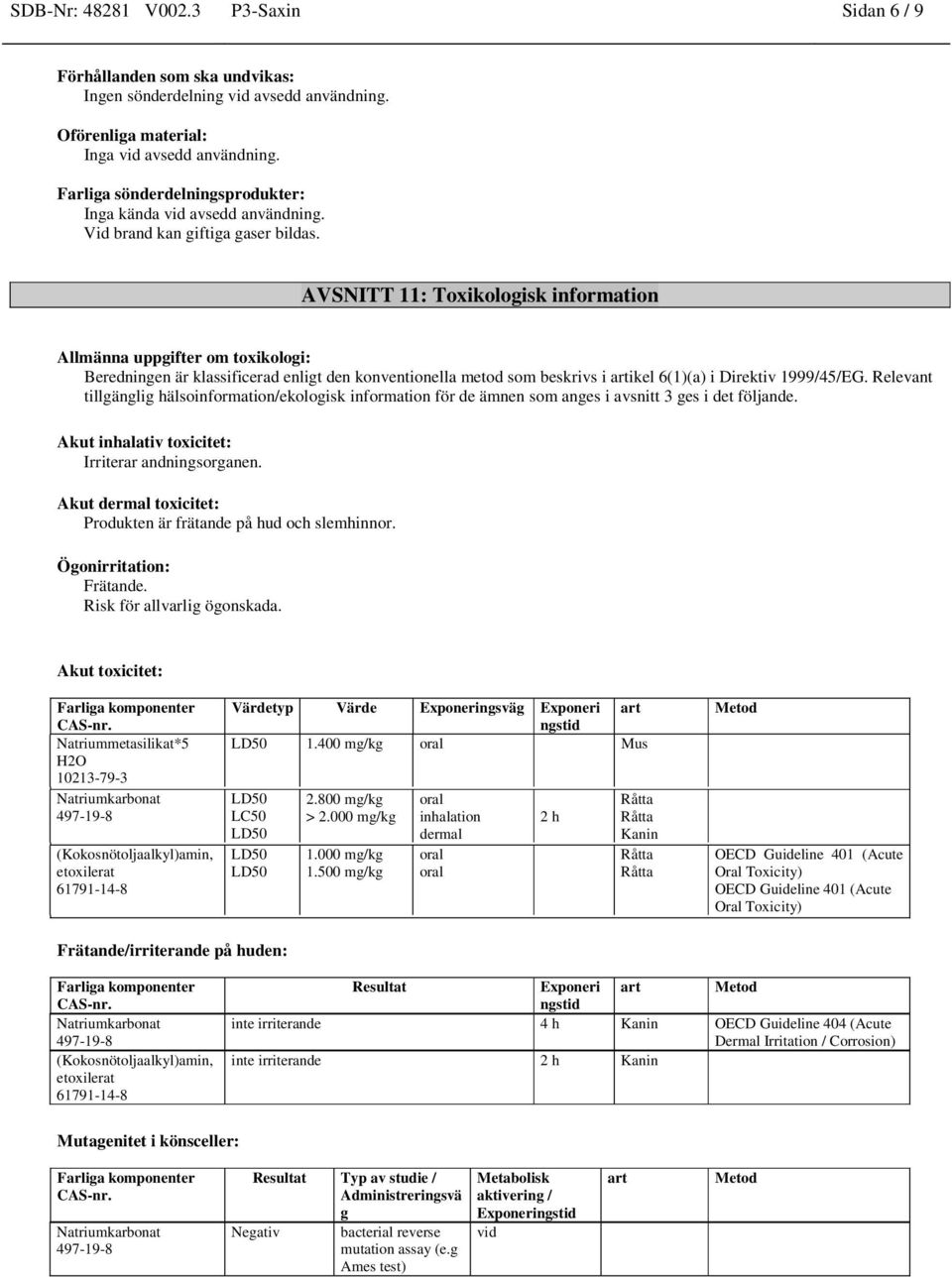 AVSNITT 11: Toxikologisk information Allmänna uppgifter om toxikologi: Beredningen är klassificerad enligt den konventionella metod som beskrivs i artikel 6(1)(a) i Direktiv 1999/45/EG.