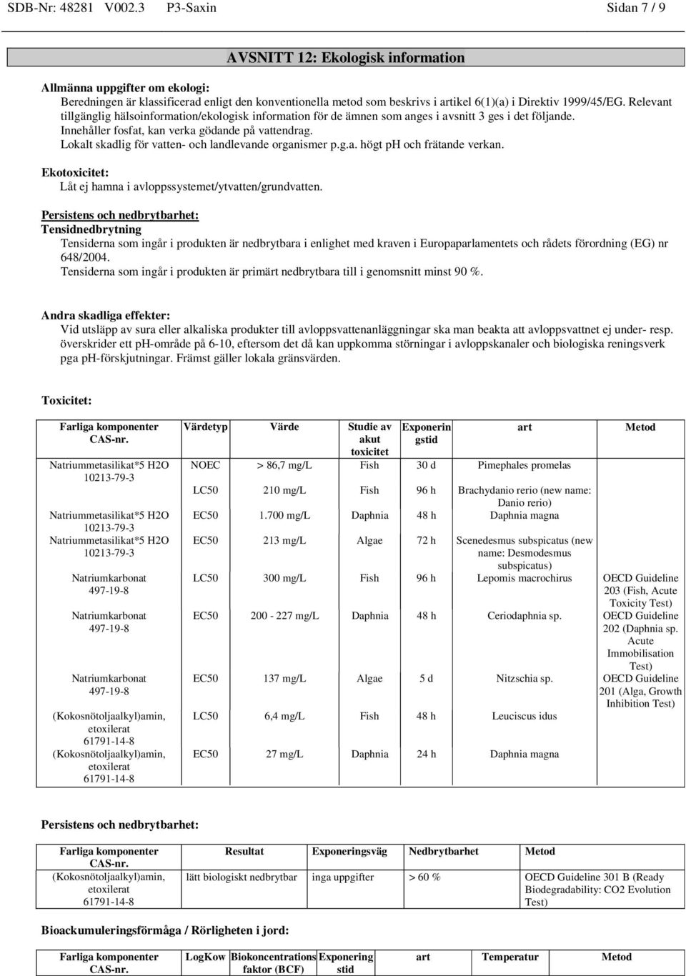 1999/45/EG. Relevant tillgänglig hälsoinformation/ekologisk information för de ämnen som anges i avsnitt 3 ges i det följande. Innehåller fosfat, kan verka gödande på vattendrag.