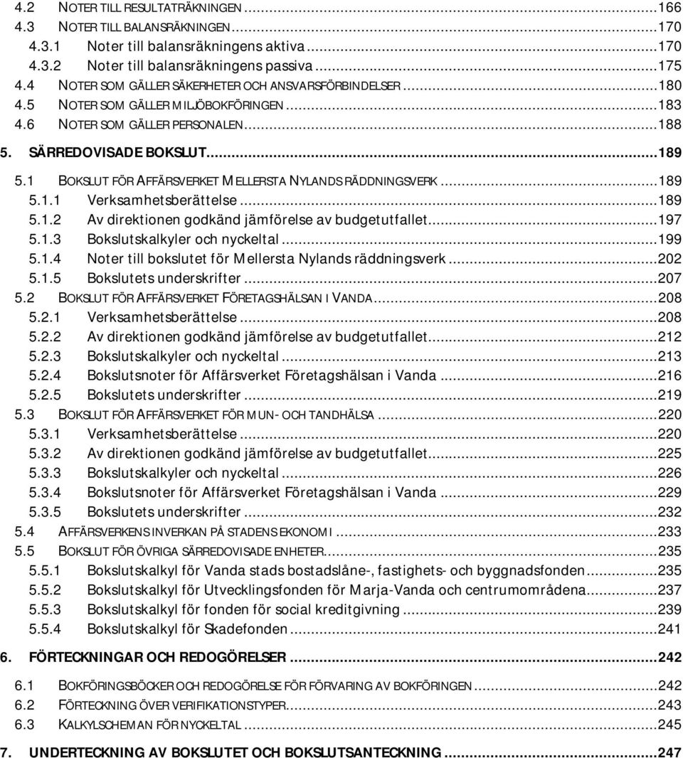 1 BOKSLUT FÖR AFFÄRSVERKET MELLERSTA NYLANDS RÄDDNINGSVERK... 189 5.1.1 Verksamhetsberättelse... 189 5.1.2 Av direktionen godkänd jämförelse av budgetutfallet... 197 5.1.3 Bokslutskalkyler och nyckeltal.