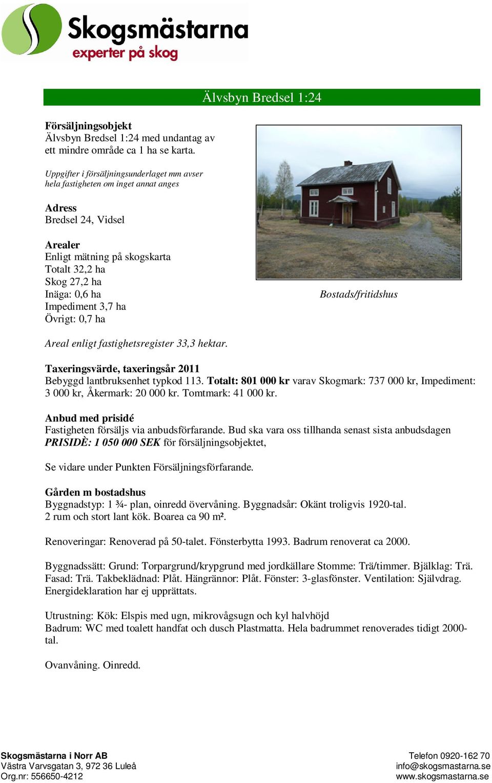 0,6 ha Impediment 3,7 ha Örigt: 0,7 ha Bostads/fritidshus Areal enligt fastighetsregister 33,3 hektar. Taxeringsärde, taxeringsår 2011 Bebyggd lantbruksenhet typkod 113.