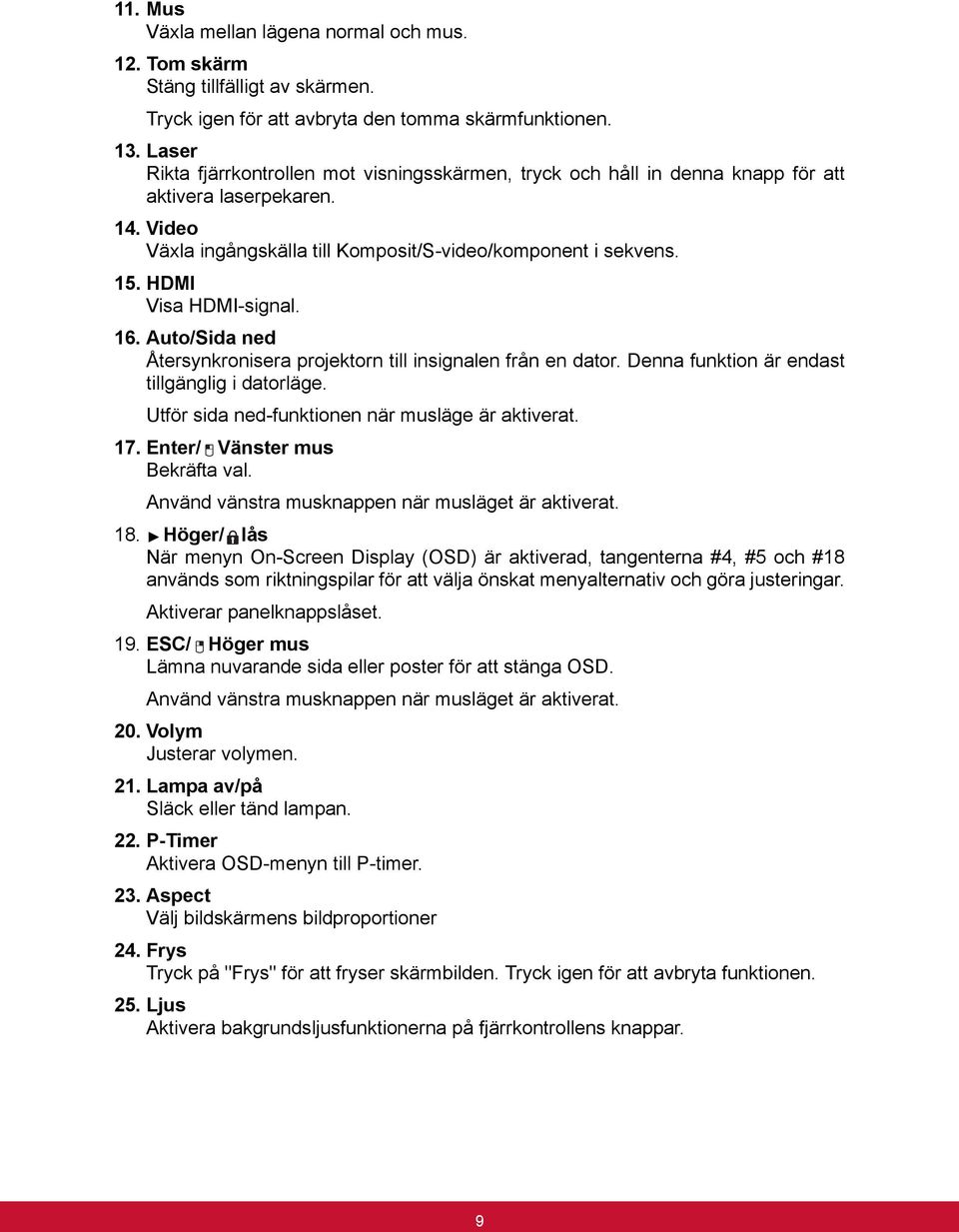 HDMI Visa HDMI-signal. 16. Auto/Sida ned Återsynkronisera projektorn till insignalen från en dator. Denna funktion är endast tillgänglig i datorläge.