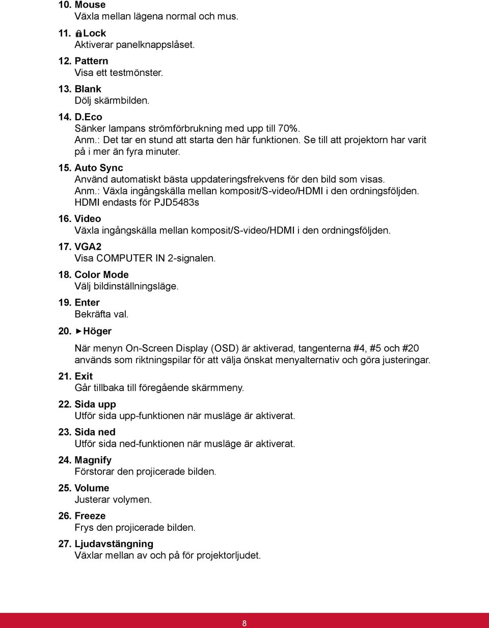 Anm.: Växla ingångskälla mellan komposit/s-video/hdmi i den ordningsföljden. HDMI endasts för PJD5483s 16. Video Växla ingångskälla mellan komposit/s-video/hdmi i den ordningsföljden. 17.