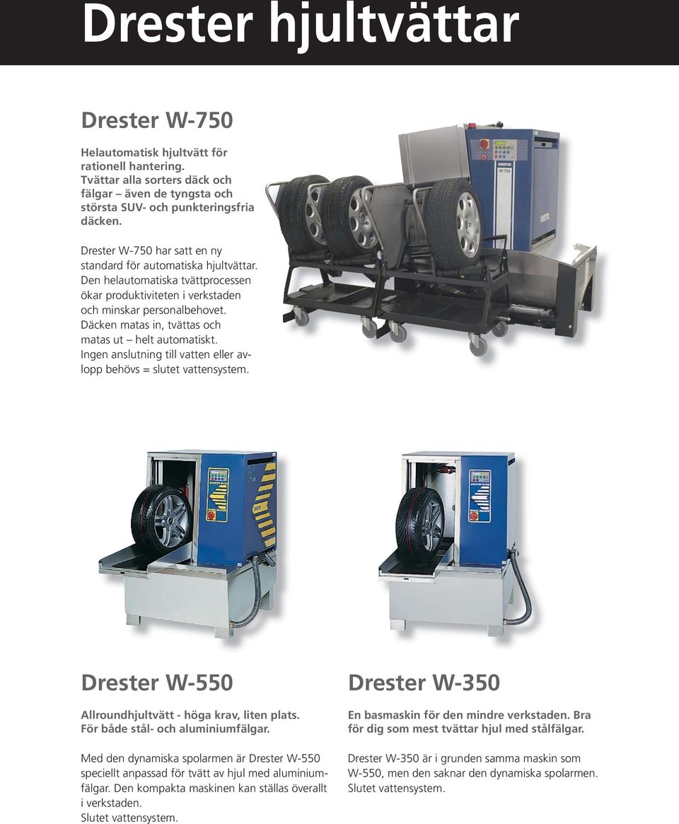 Däcken matas in, tvättas och matas ut helt automatiskt. Ingen anslutning till vatten eller avlopp behövs = slutet vattensystem. Drester W-550 Allroundhjultvätt - höga krav, liten plats.