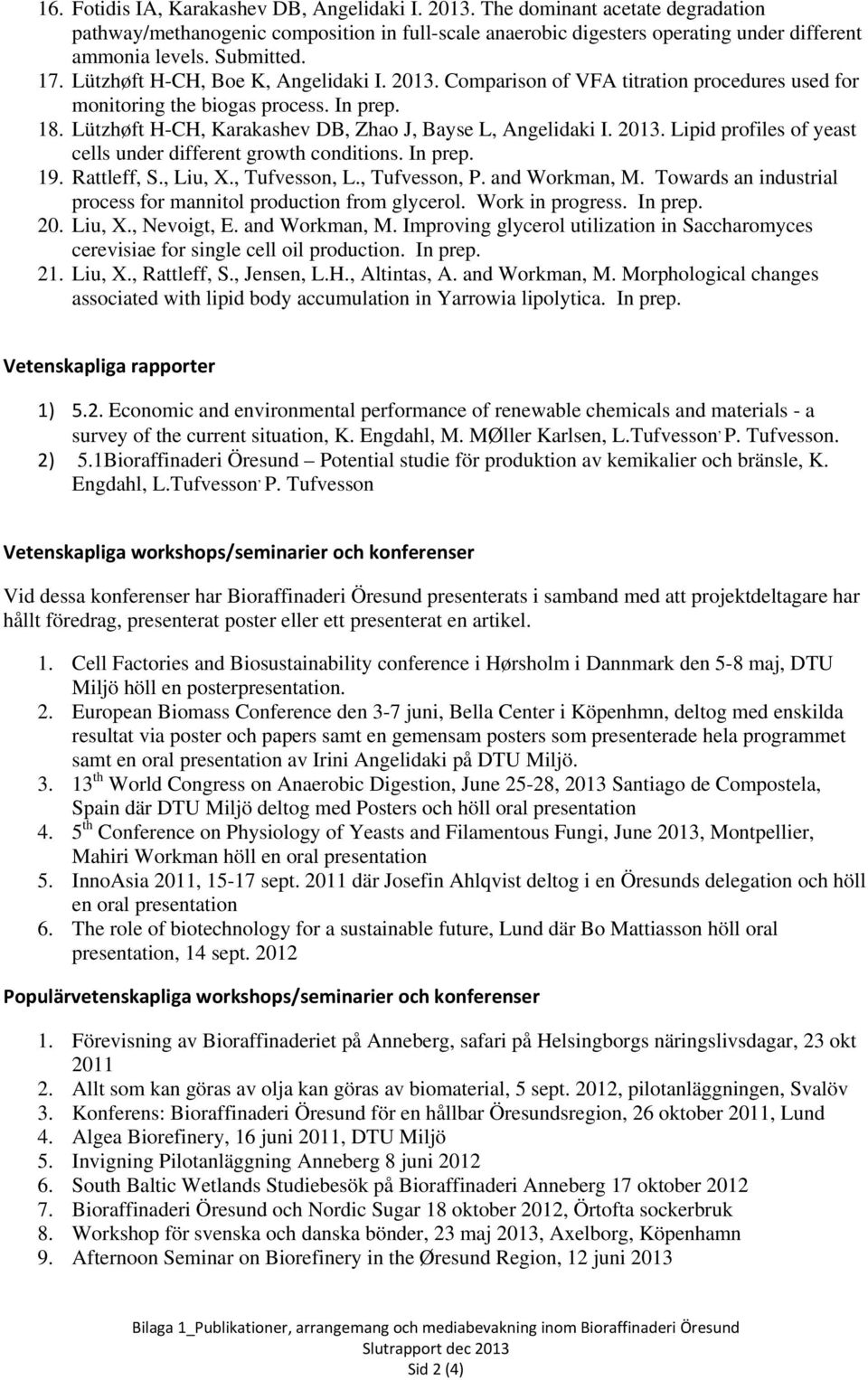 Lützhøft H-CH, Karakashev DB, Zhao J, Bayse L, Angelidaki I. 2013. Lipid profiles of yeast cells under different growth conditions. In prep. 19. Rattleff, S., Liu, X., Tufvesson, L., Tufvesson, P.