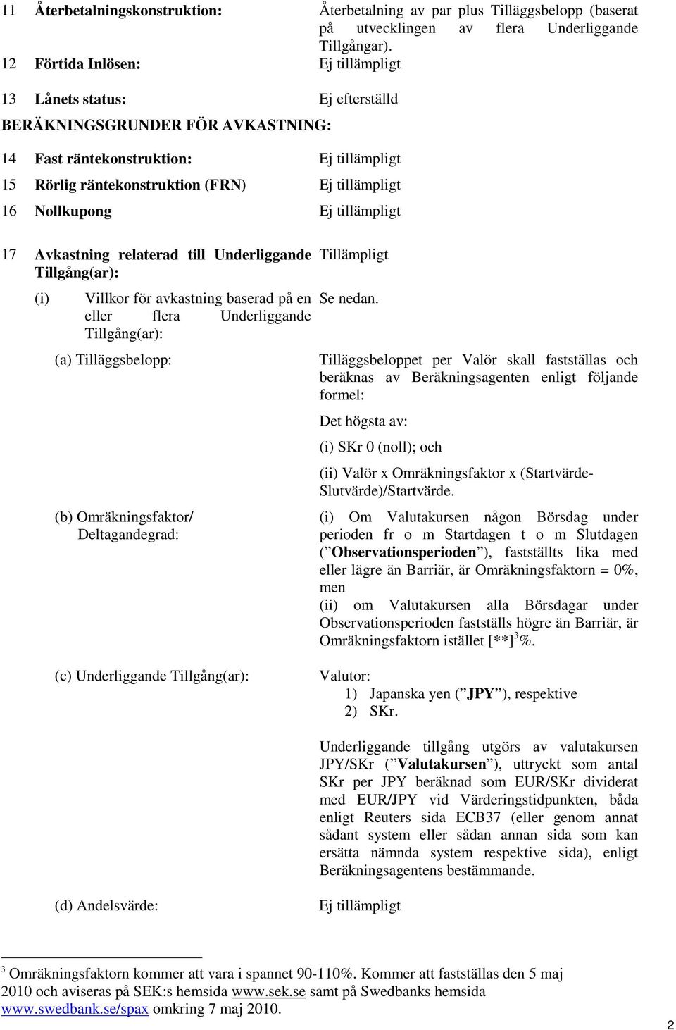 Underliggande Tillgång(ar): (i) Villkor för avkastning baserad på en eller flera Underliggande Tillgång(ar): (a) Tilläggsbelopp: (b) Omräkningsfaktor/ Deltagandegrad: Tillämpligt Se nedan.