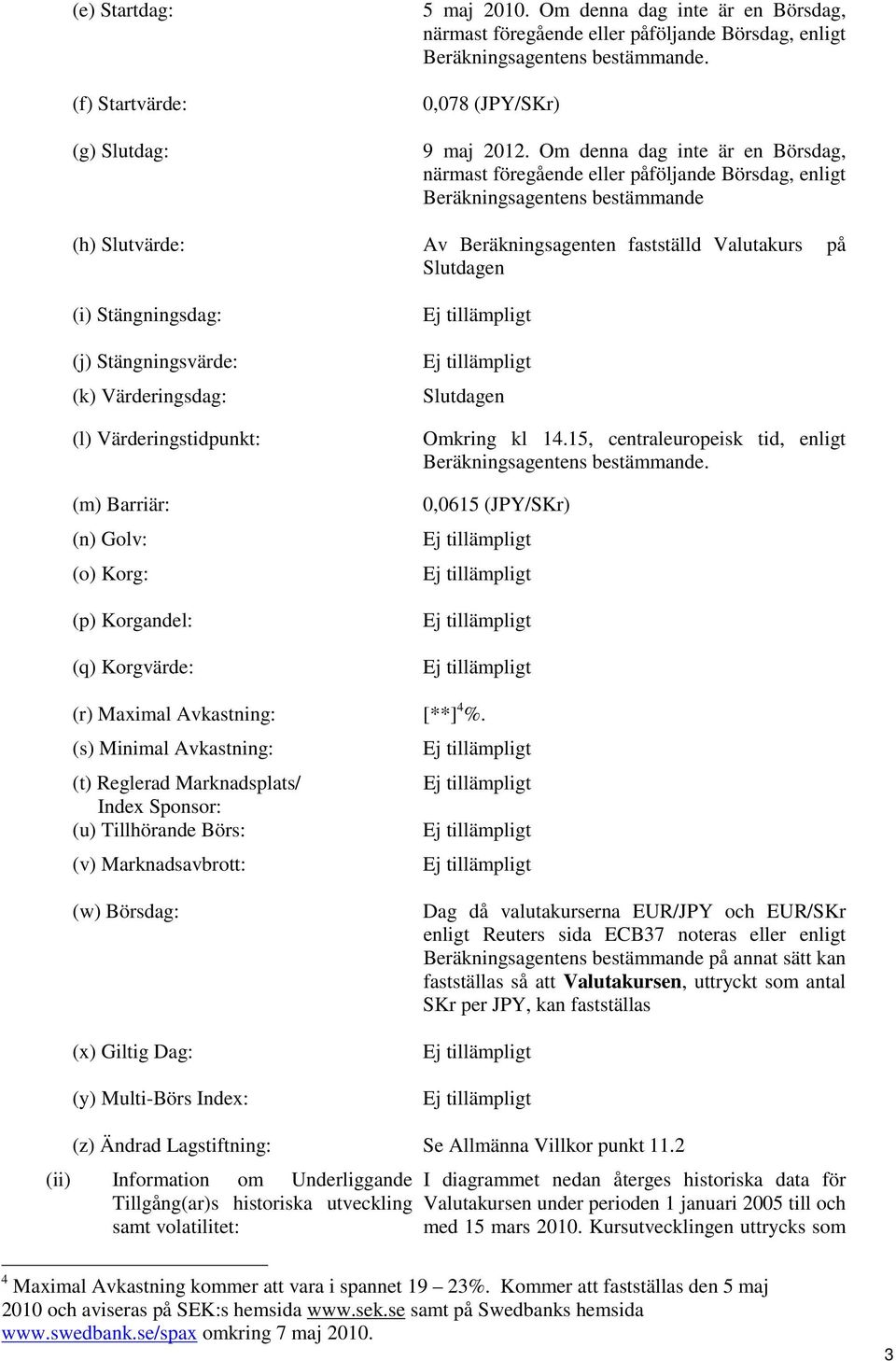 Stängningsdag: (j) Stängningsvärde: (k) Värderingsdag: (l) Värderingstidpunkt: (m) Barriär: (n) Golv: (o) Korg: (p) Korgandel: (q) Korgvärde: Slutdagen Omkring kl 14.