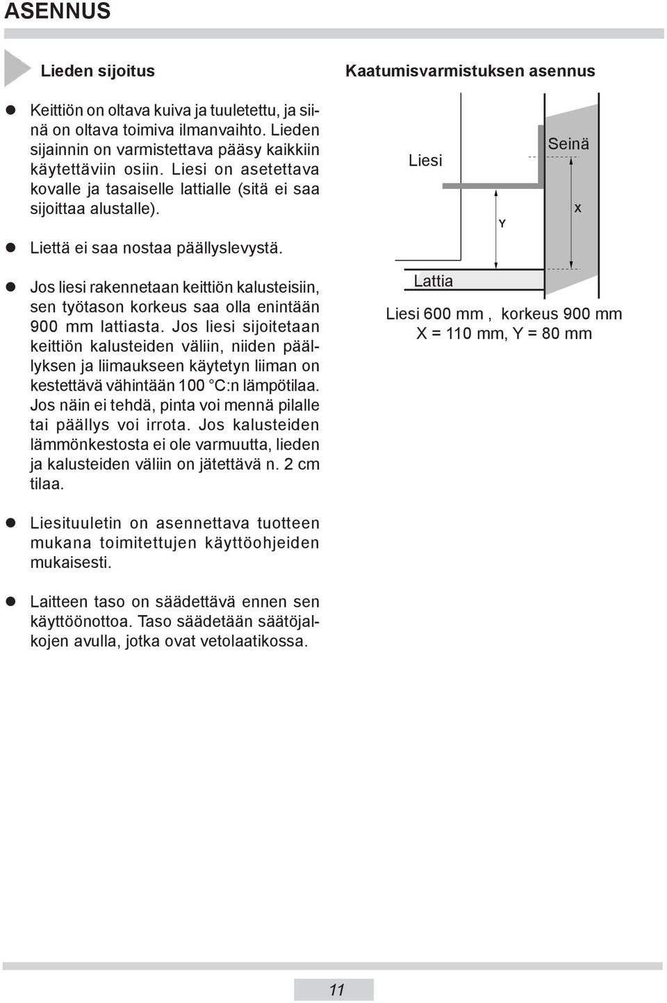 Liesi Seinä Jos liesi rakennetaan keittiön kalusteisiin, sen työtason korkeus saa olla enintään 900 mm lattiasta.