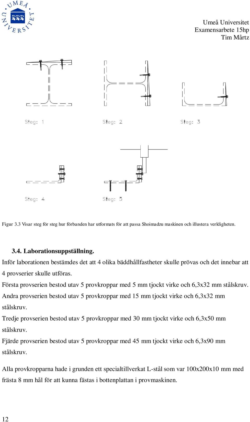 Första provserien bestod utav 5 provkroppar med 5 mm tjockt virke och 6,3x32 mm stålskruv. Andra provserien bestod utav 5 provkroppar med 15 mm tjockt virke och 6,3x32 mm stålskruv.
