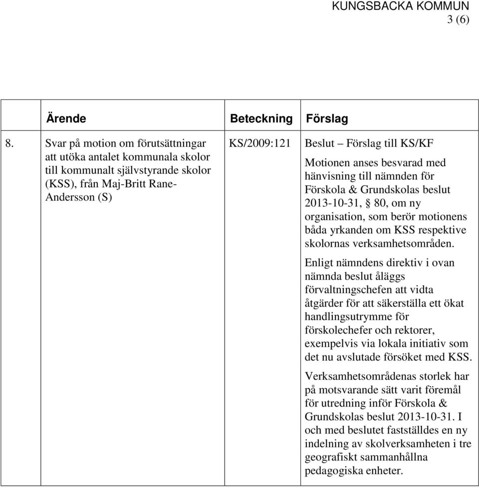 till nämnden för Förskola & Grundskolas beslut 2013-10-31, 80, om ny organisation, som berör motionens båda yrkanden om KSS respektive skolornas verksamhetsområden.