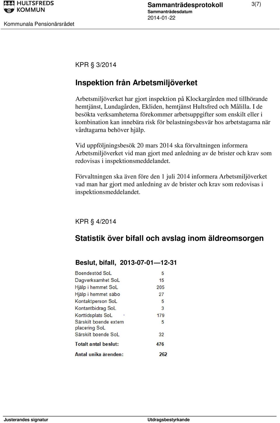 Vid uppföljningsbesök 20 mars 2014 ska förvaltningen informera Arbetsmiljöverket vid man gjort med anledning av de brister och krav som redovisas i inspektionsmeddelandet.