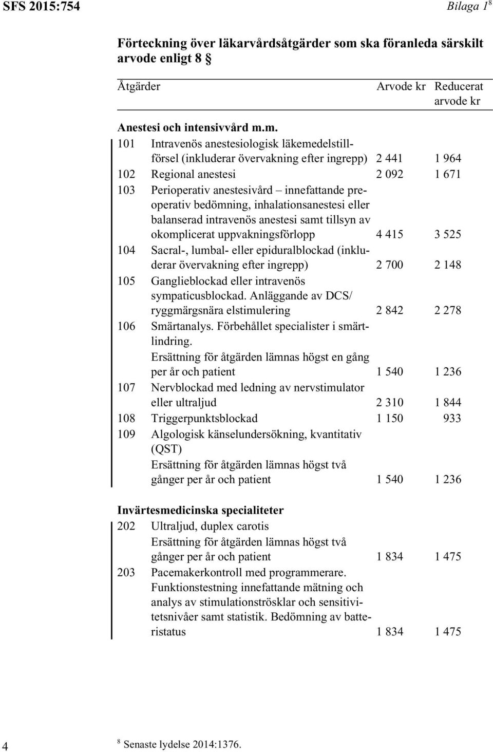 m. 101 Intravenös anestesiologisk läkemedelstillförsel (inkluderar övervakning efter ingrepp) 2 441 1 964 102 Regional anestesi 2 092 1 671 103 Perioperativ anestesivård innefattande preoperativ