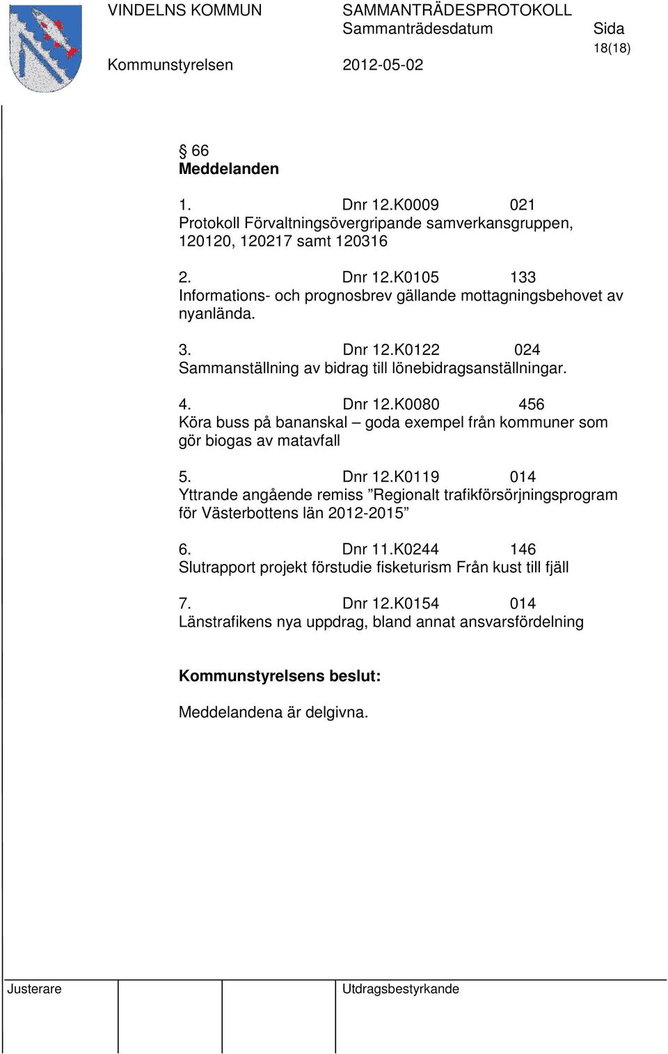 Dnr 12.K0119 014 Yttrande angående remiss Regionalt trafikförsörjningsprogram för Västerbottens län 2012-2015 6. Dnr 11.