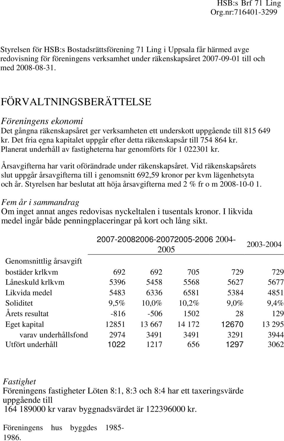 FÖRVALTNINGSBERÄTTELSE Föreningens ekonomi Det gångna räkenskapsåret ger verksamheten ett underskott uppgående till 815 649 kr. Det fria egna kapitalet uppgår efter detta räkenskapsår till 754 864 kr.