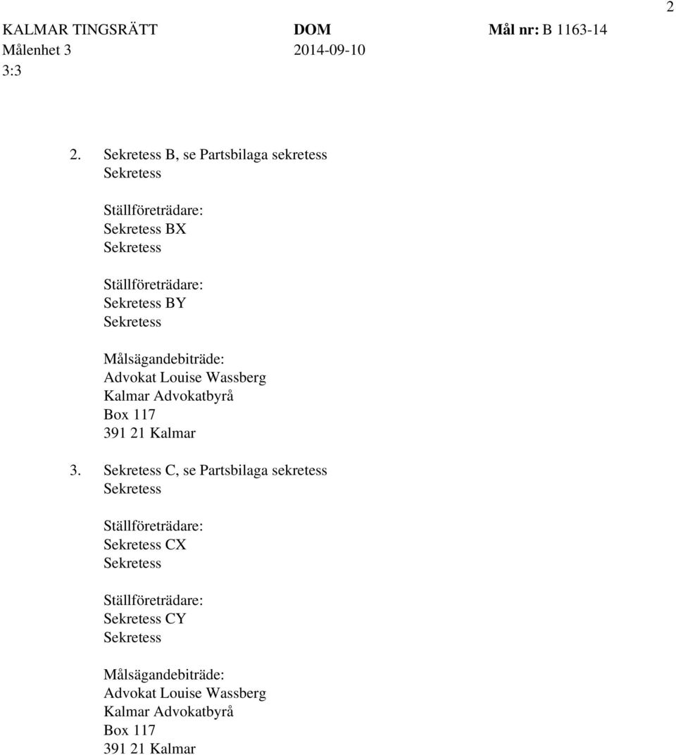 Sekretess BY Sekretess Målsägandebiträde: Advokat Louise Wassberg Kalmar Advokatbyrå Box 117 391 21 Kalmar 3.