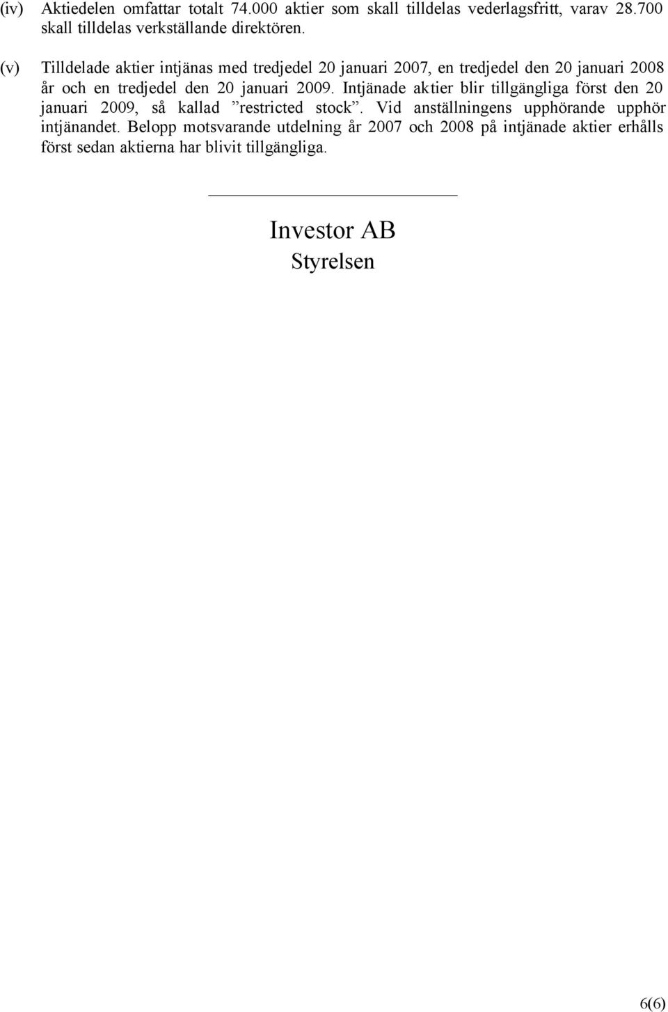 Intjänade aktier blir tillgängliga först den 20 januari 2009, så kallad restricted stock. Vid anställningens upphörande upphör intjänandet.