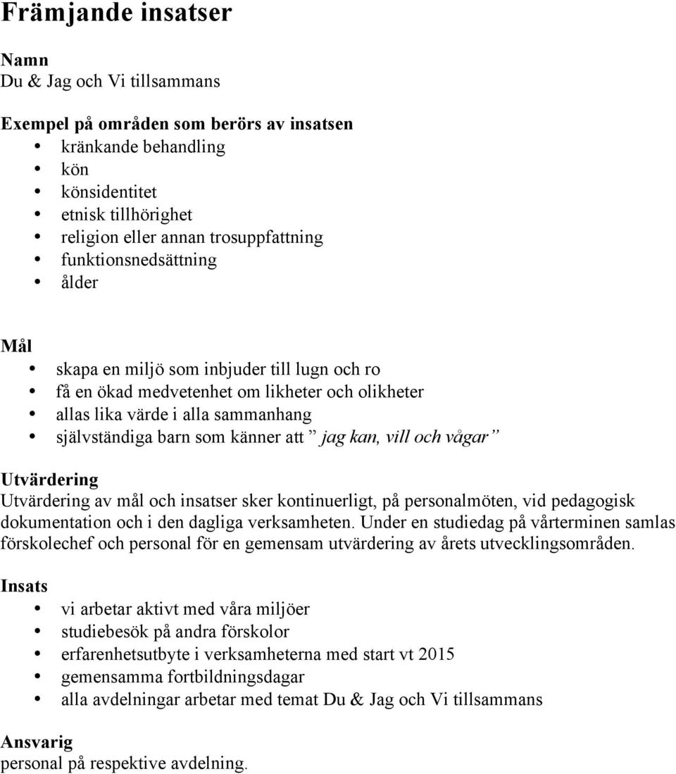 kan, vill och vågar Utvärdering Utvärdering av mål och insatser sker kontinuerligt, på personalmöten, vid pedagogisk dokumentation och i den dagliga verksamheten.
