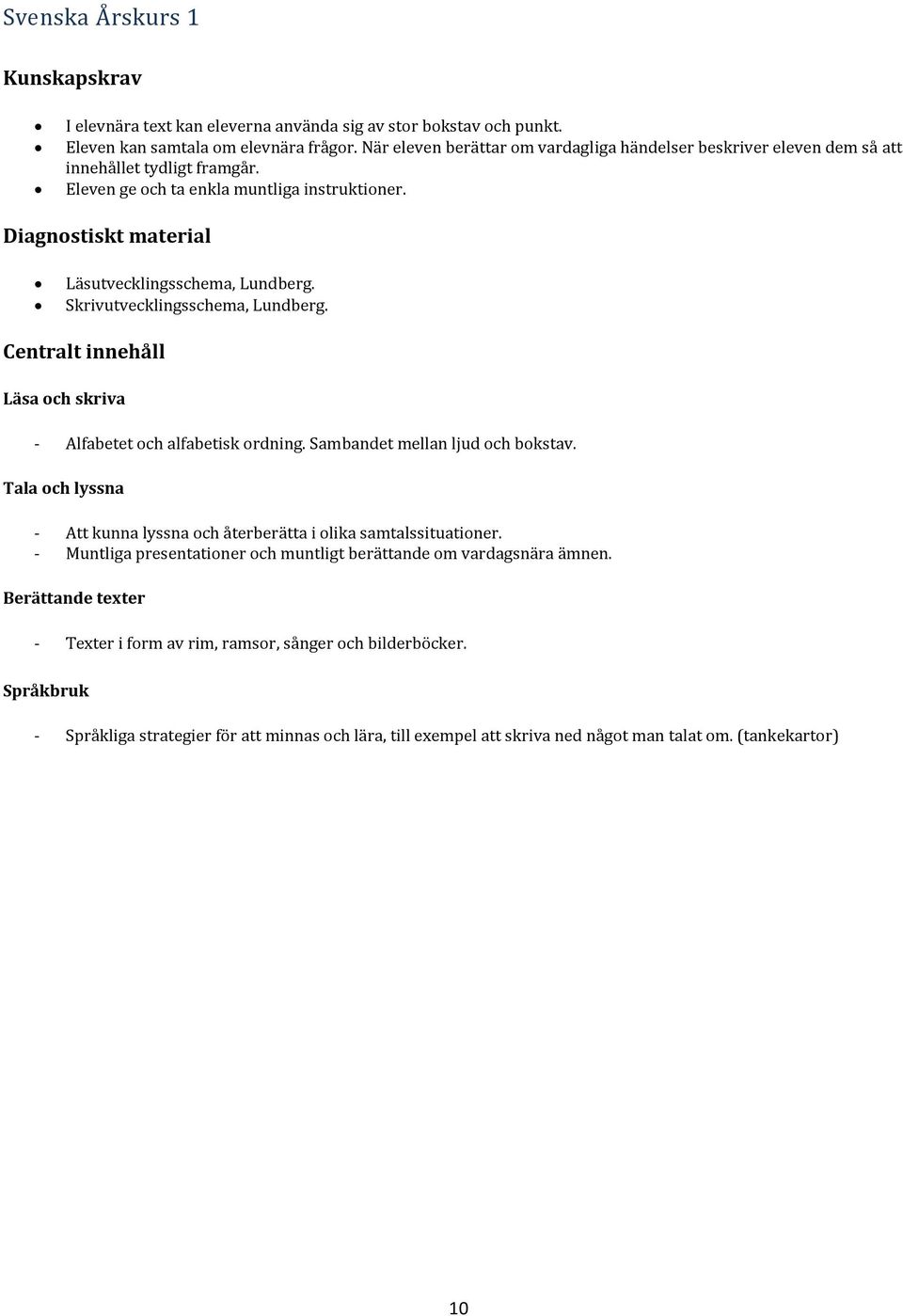 Diagnostiskt material Läsutvecklingsschema, Lundberg. Skrivutvecklingsschema, Lundberg. Läsa och skriva - Alfabetet och alfabetisk ordning. Sambandet mellan ljud och bokstav.