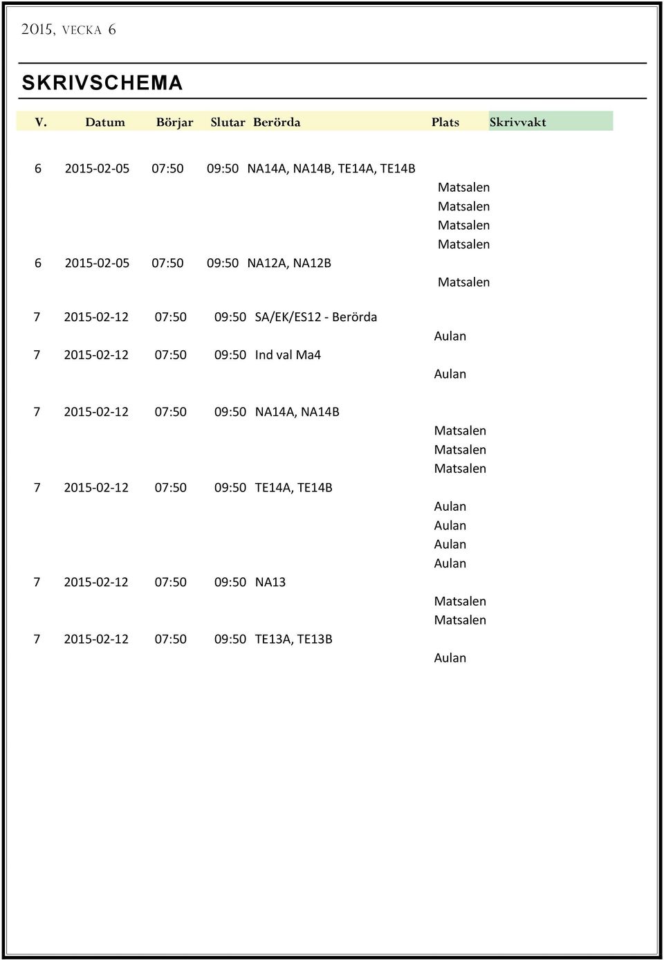 TE14B 6 2015 02 05 07:50 09:50 NA12A, NA12B 7 2015 02 12 07:50 09:50 SA/EK/ES12 Berörda 7