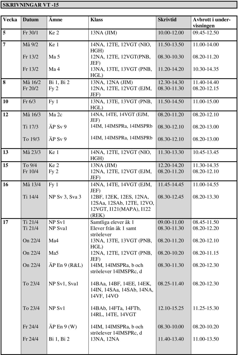 6/3 Fy 1 13NA, 13TE, 13VGT (PNB, 12 Må 16/3 Ma 2c Ti 17/3 ÄP Sv 9 14IM, 14IMSPRa, 14IMSPRb 11.50-13.50 08.30-10.30 11.20-14.20 12.30-14.30 08.30-11.30 11.00-14.00 10.30-14.35 11.40-14.40 08.20-12.