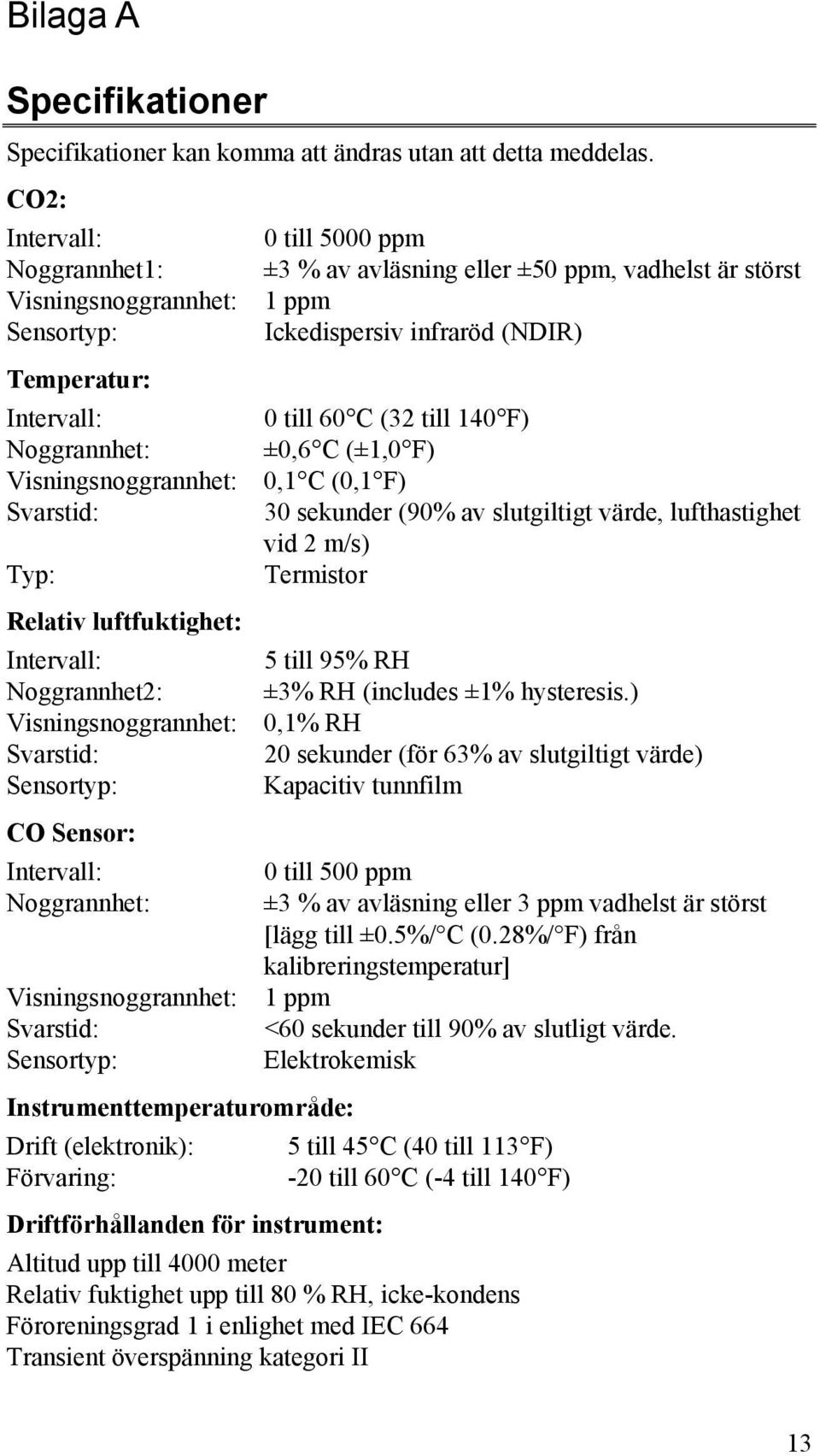 C (32 till 140 F) Noggrannhet: ±0,6 C (±1,0 F) Visningsnoggrannhet: 0,1 C (0,1 F) Svarstid: 30 sekunder (90% av slutgiltigt värde, lufthastighet vid 2 m/s) Typ: Termistor Relativ luftfuktighet:
