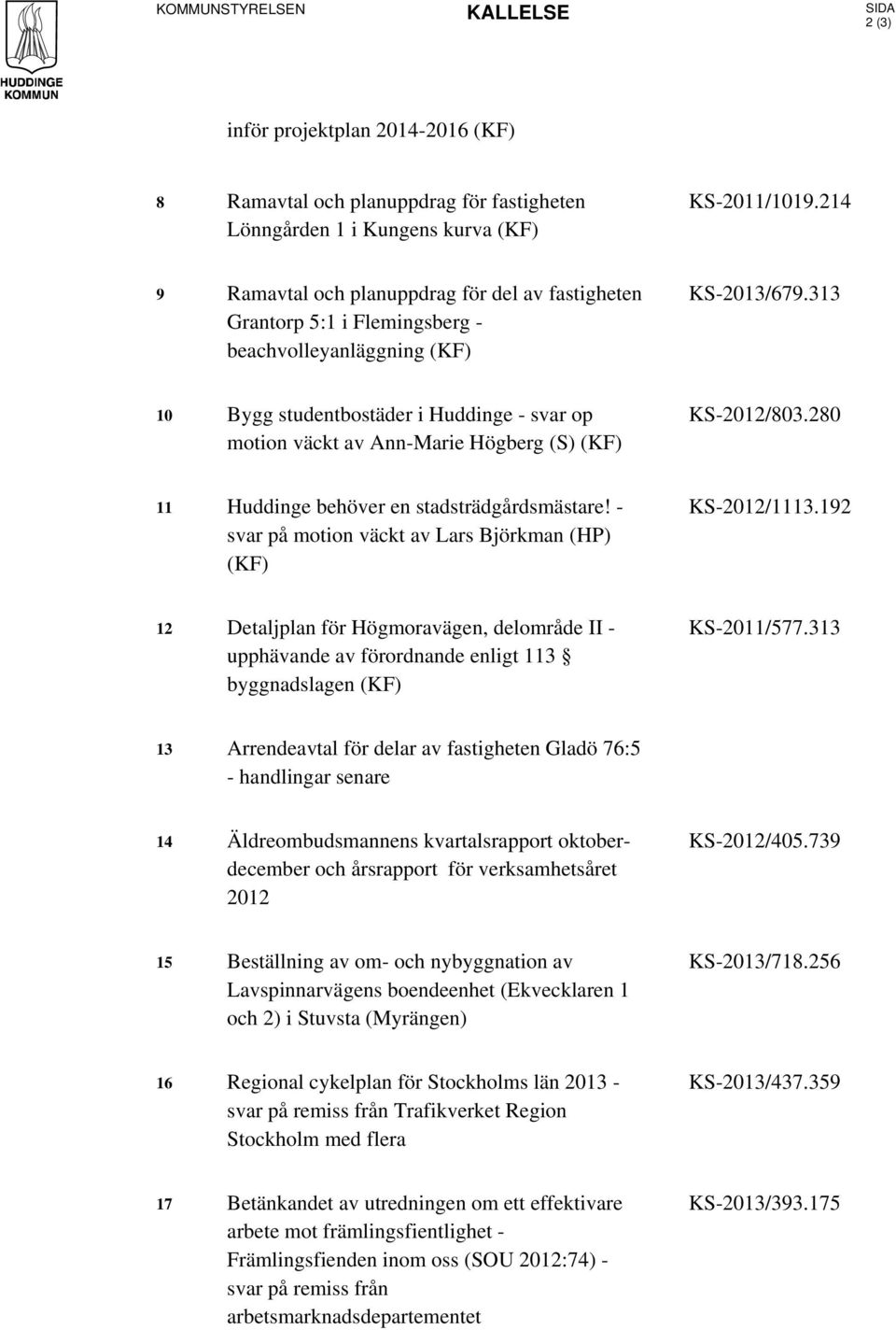 313 10 Bygg studentbostäder i Huddinge - svar op motion väckt av Ann-Marie Högberg (S) (KF) KS-2012/803.280 11 Huddinge behöver en stadsträdgårdsmästare!