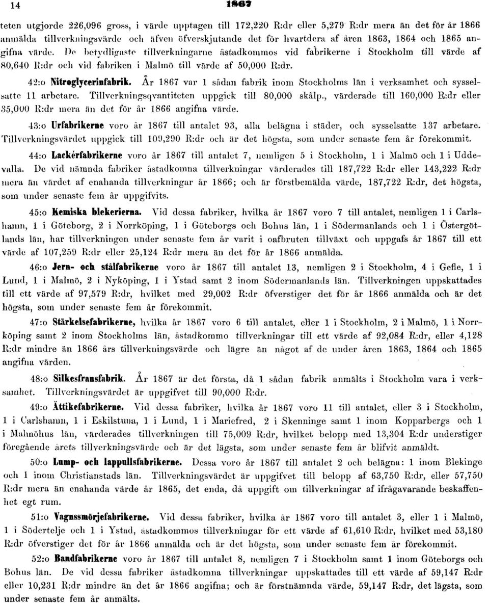 42:o Nitroglycerinfabrik. År 1867 var 1 sådan fabrik inom Stockholms län i verksamhet och sysselsatte 11 arbetare. Tillverkningsqvantiteten uppgick till 80,000 skalp.