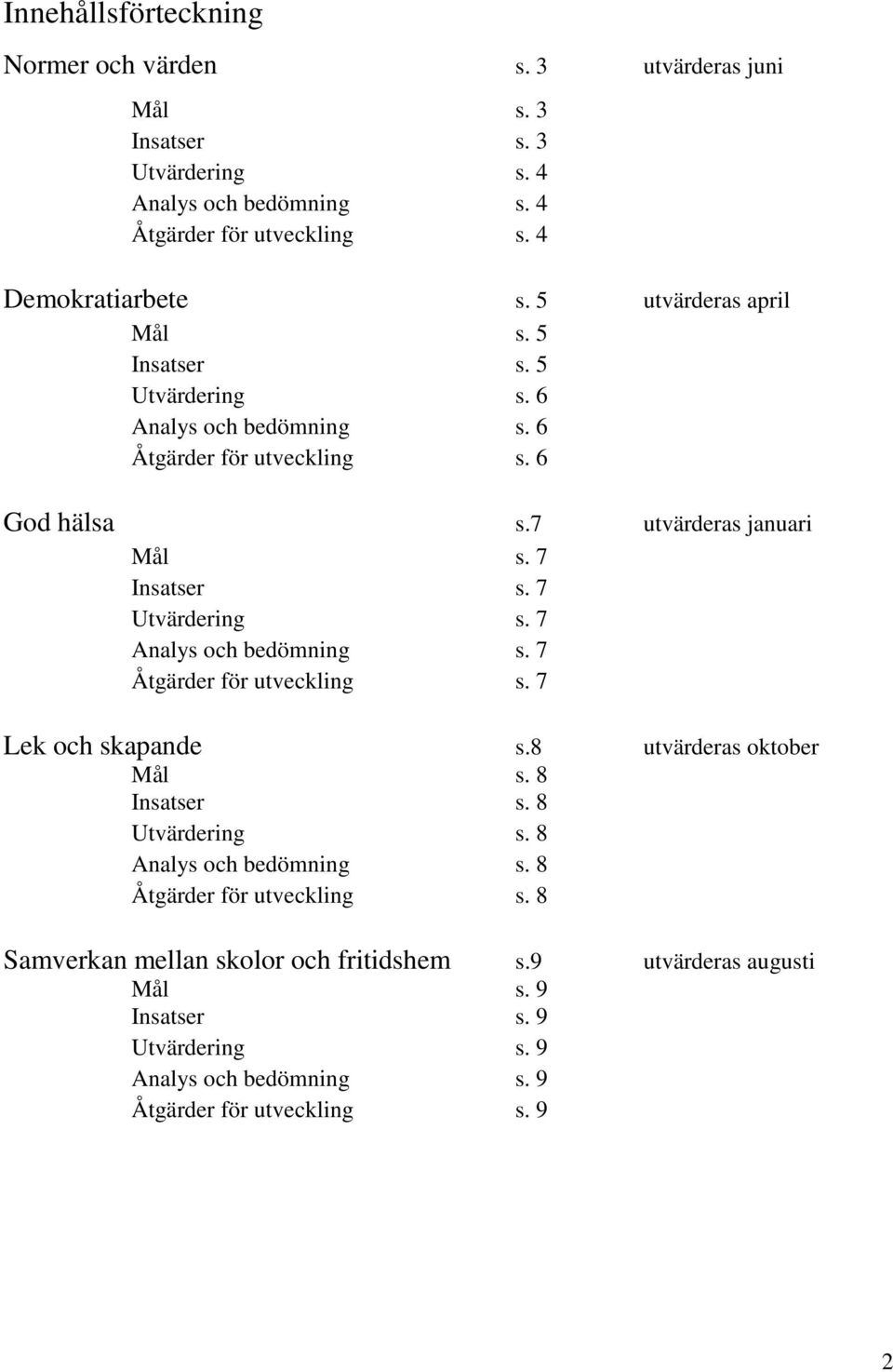 7 Utvärdering s. 7 Analys och bedömning s. 7 Åtgärder för utveckling s. 7 Lek och skapande s.8 utvärderas oktober Mål s. 8 Insatser s. 8 Utvärdering s. 8 Analys och bedömning s.