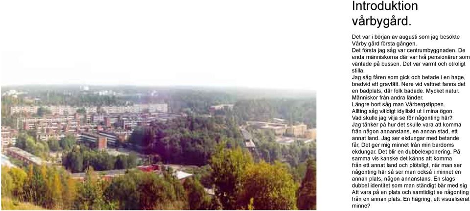 Nere vid vattnet fanns det en badplats, där folk badade. Mycket natur. Människor från andra länder. Längre bort såg man Vårbergstippen. Allting såg väldigt idylliskt ut i mina ögon.