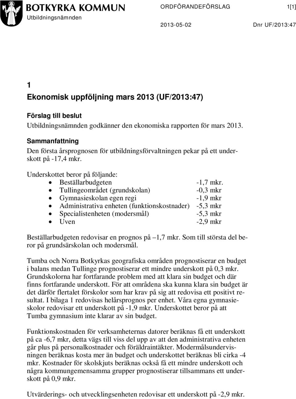 Tullingeområdet (grundskolan) -0,3 mkr Gymnasieskolan egen regi -1,9 mkr Administrativa enheten (funktionskostnader) -5,3 mkr Specialistenheten (modersmål) -5,3 mkr Uven -2,9 mkr Beställarbudgeten