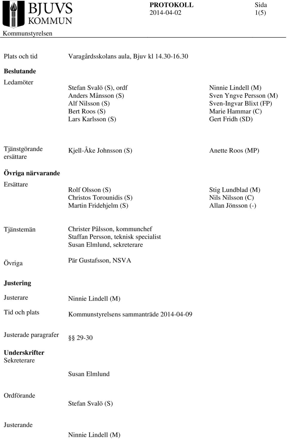 (SD) Tjänstgörande ersättare Övriga närvarande Ersättare Kjell-Åke Johnsson (S) Rolf Olsson (S) Christos Torounidis (S) Martin Fridehjelm (S) Anette Roos (MP) Stig Lundblad (M) Nils