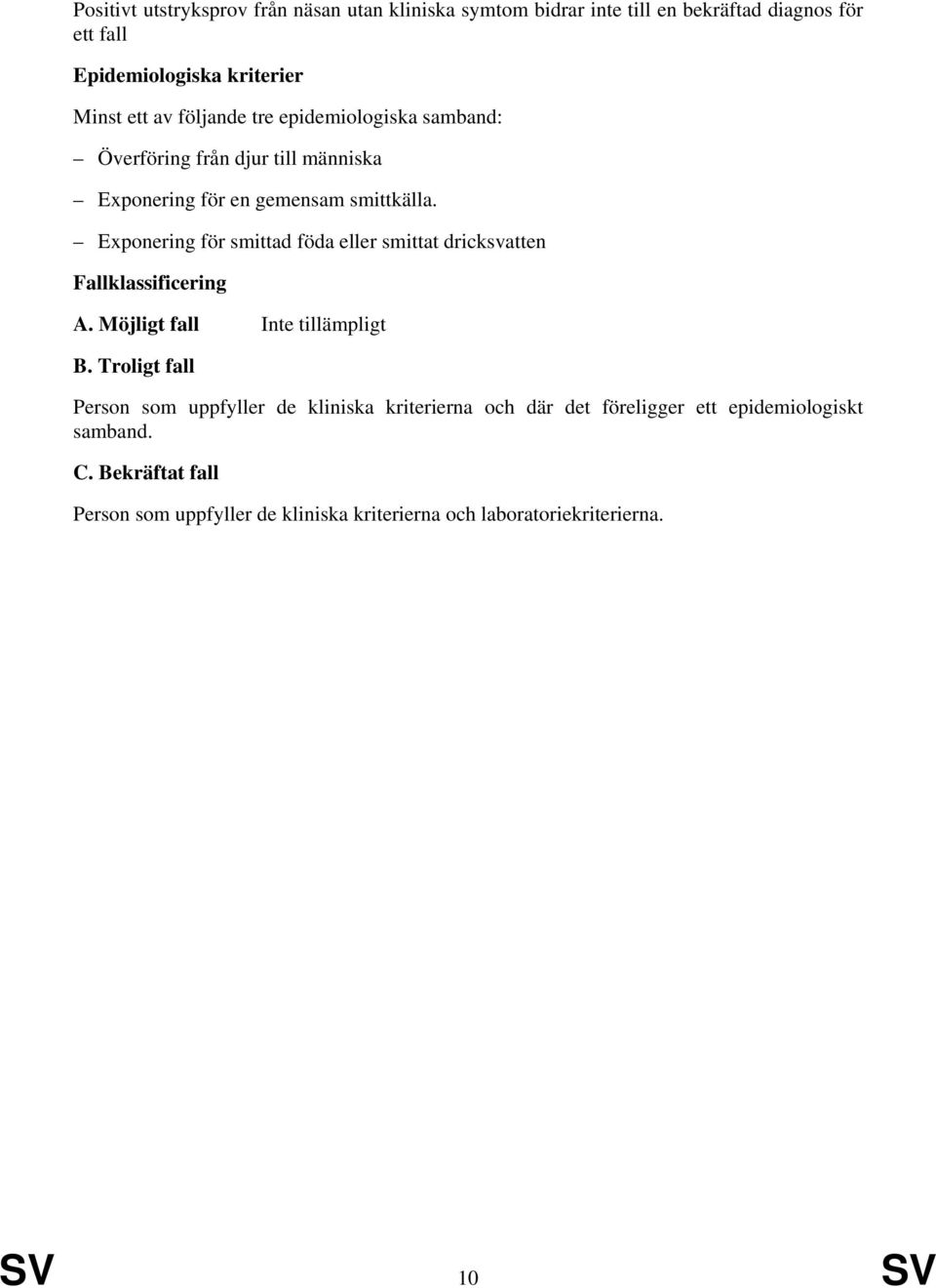 Exponering för smittad föda eller smittat dricksvatten A. Möjligt fall Inte tillämpligt B.