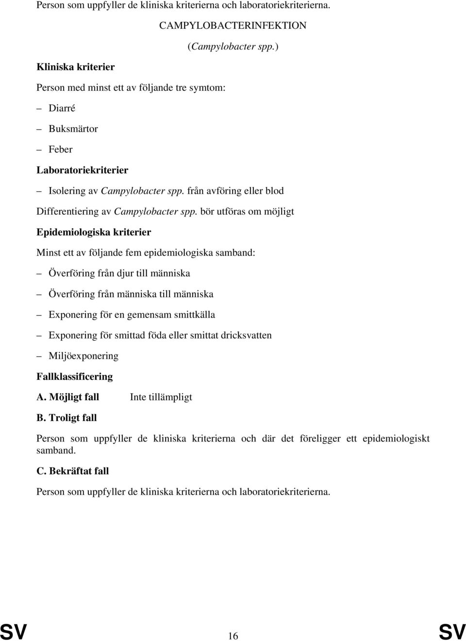 bör utföras om möjligt Minst ett av följande fem epidemiologiska samband: Överföring från djur till människa Överföring från människa till människa Exponering för en gemensam smittkälla