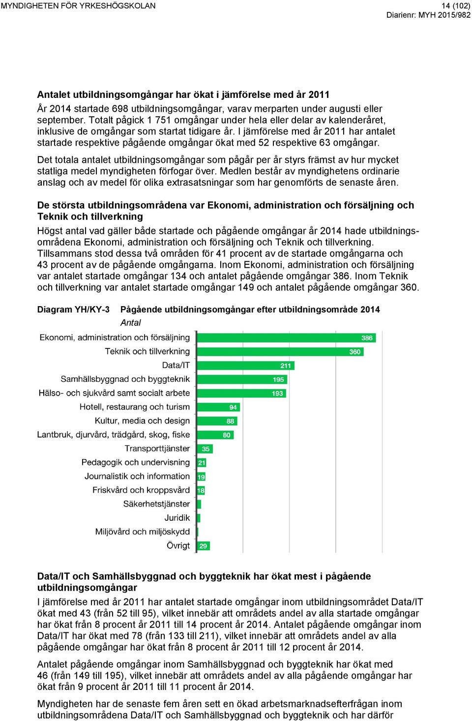 I jämförelse med år 2011 har antalet startade respektive pågående omgångar ökat med 52 respektive 63 omgångar.