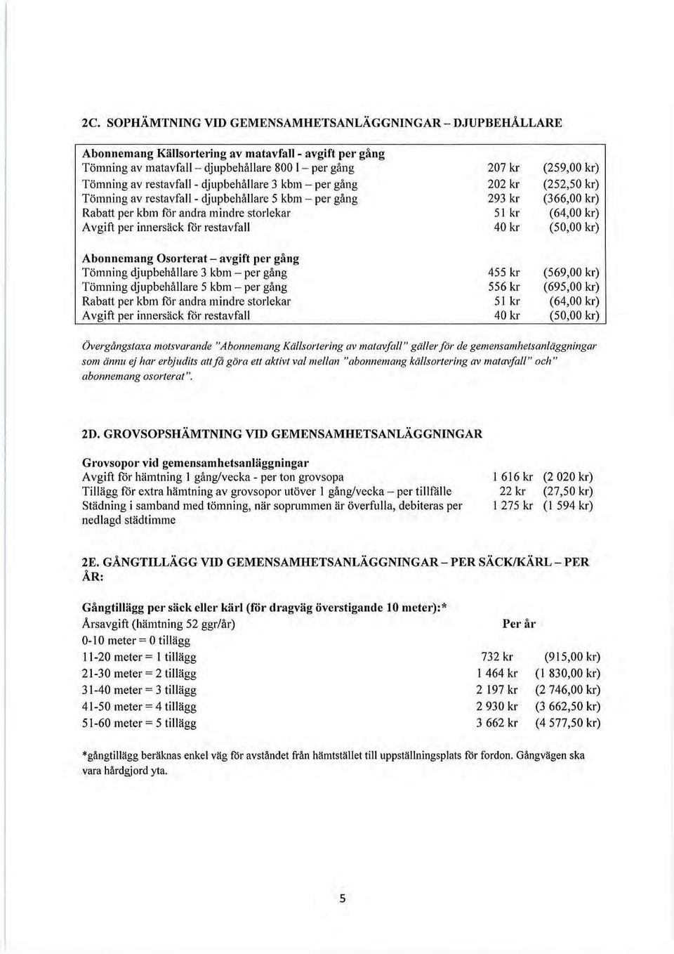 (259,00 kr) (252,50 kr) (366,00 kr) (64,00 kr) (50,00 kr) Abonnemang Osorterat - avgift per gång Tömning djupbehållare 3 kbm - per gång Tömning djupbehållare 5 kbm - per gång Rabatt per kbm för andra