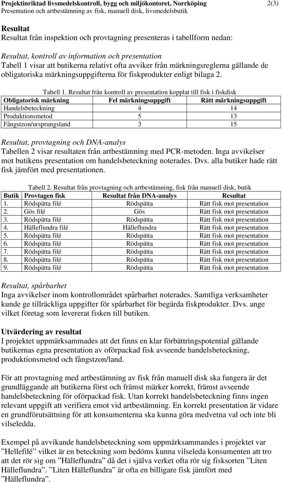 märkningsuppgifterna för fiskprodukter enligt bilaga 2. Tabell 1.